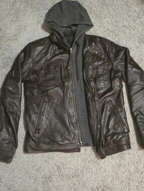 Bod & Christensen Men's Brown Leather Moto Jacket with Detachable Hoodie Size M